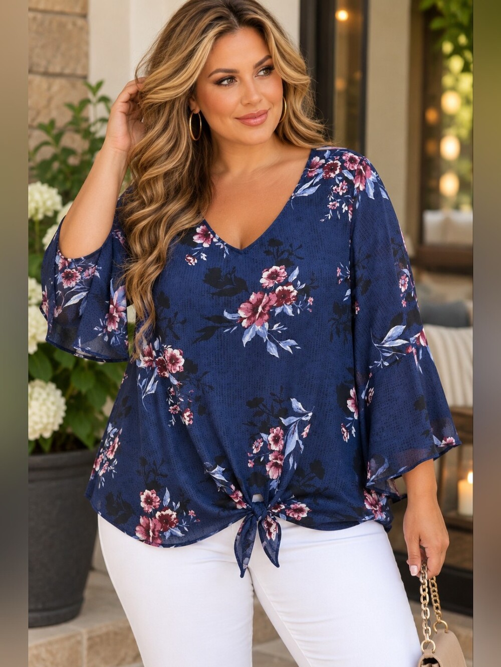 Alyx Blue Floral Bell Sleeve Tie Front Plus Size 3X Blouse